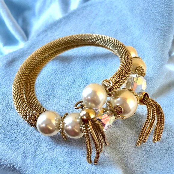 Vintage Gold-tone Bracelet SPRING COIL WRAP Beads Pearls Tassels - Picture 8 of 10